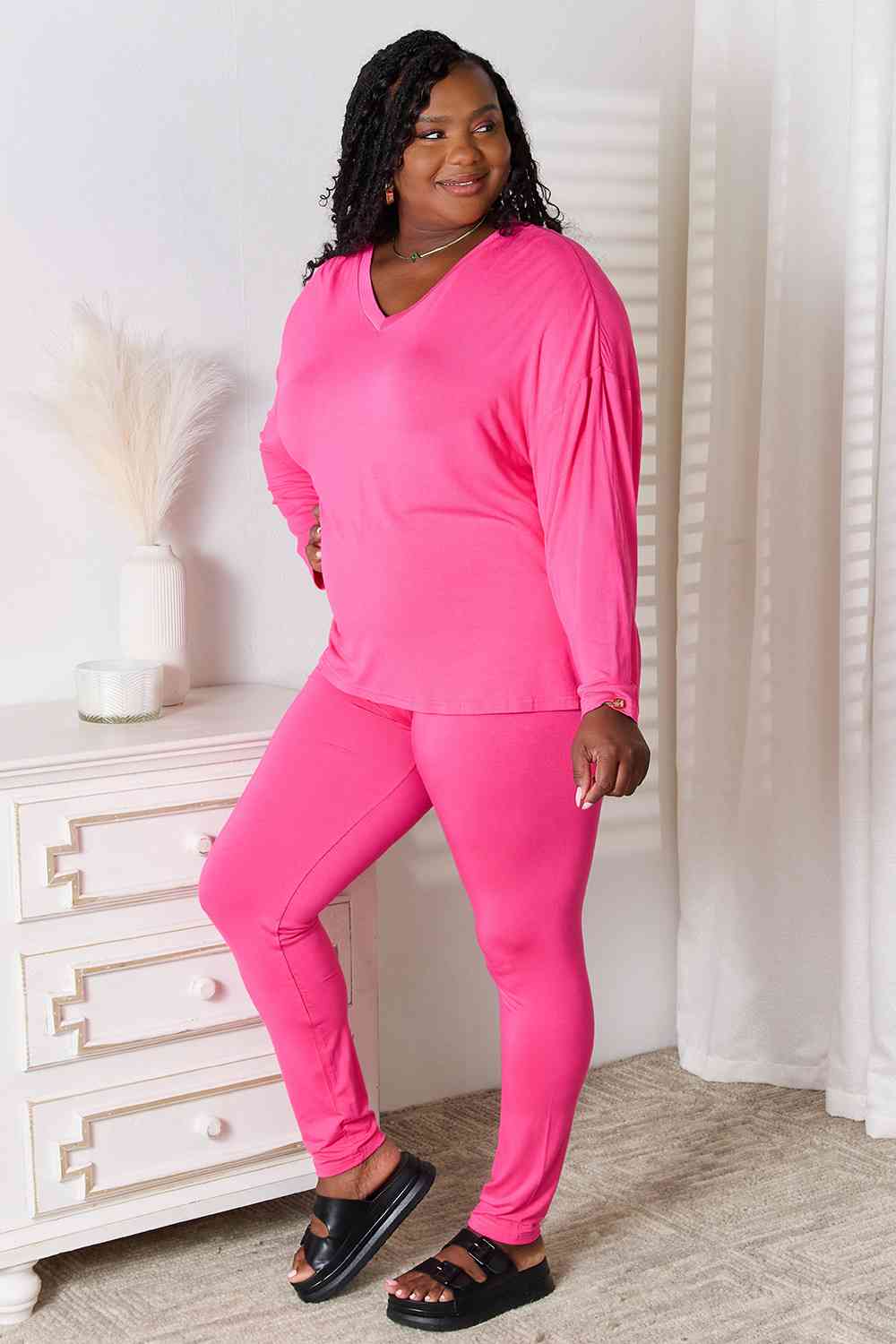 Basic Bae Full Size V-Neck Soft Rayon Long Sleeve Top and Pants Lounge Set Lounge Set