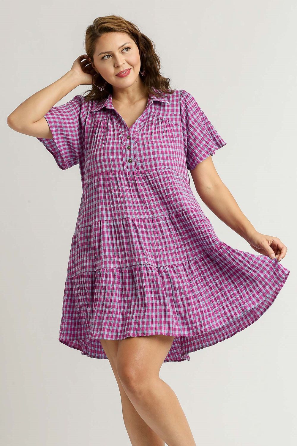 Umgee Full Size Gingham Tiered Button Detail Short Sleeve Dress Plus Size Casual Dresses