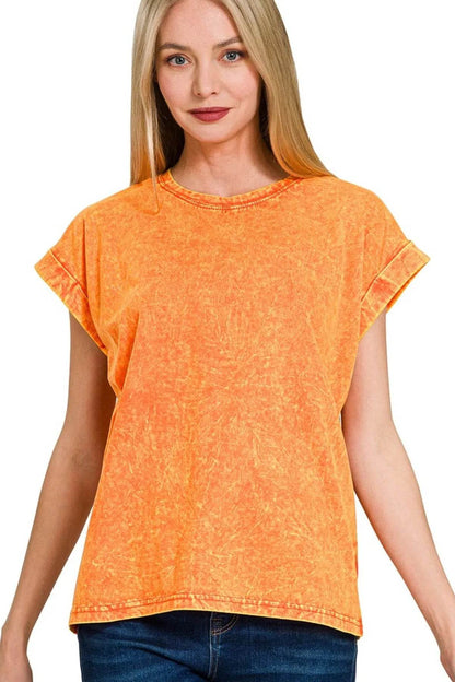 Zenana Crinkle Washed Round Neck Folded Short Sleeve Tee - Shop Style & More | Fresh Looks, Everyday Deals & Free Shipping