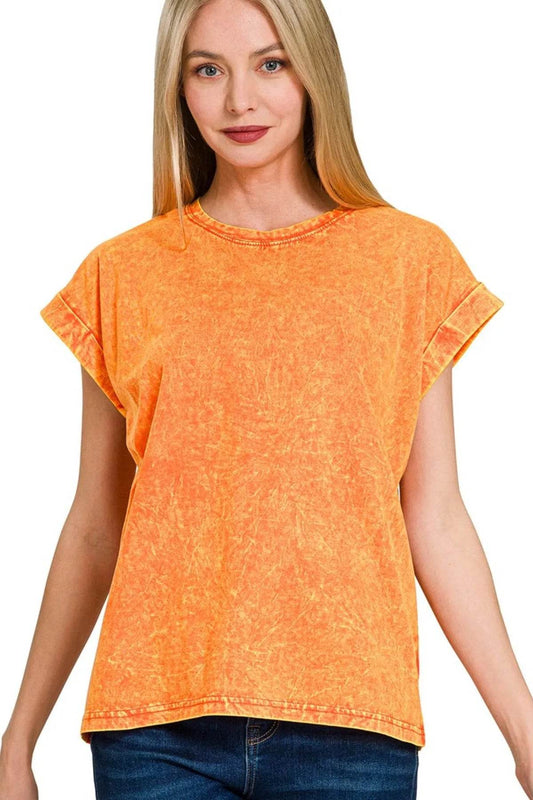 Zenana Crinkle Washed Round Neck Folded Short Sleeve Tee - Shop Style & More | Fresh Looks, Everyday Deals & Free Shipping