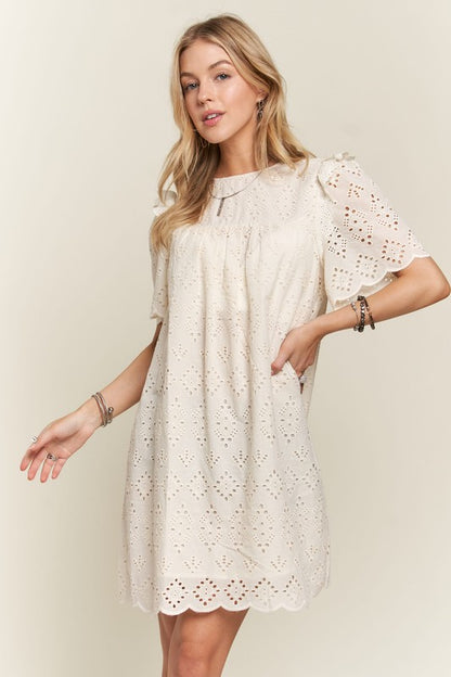 ADORA Ruffled Eyelet Round Neck Dress Casual Dresses