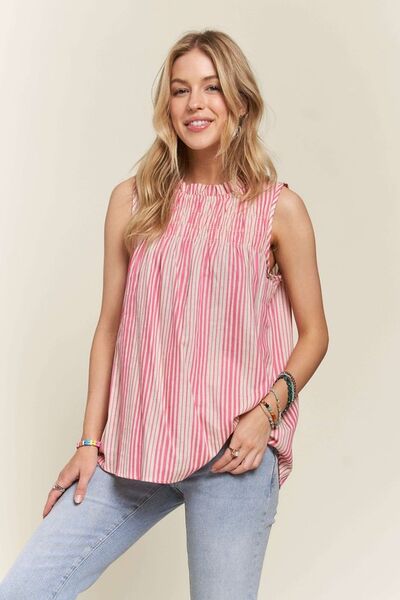 ADORA Contrast Striped Frill Round Neck Sleeveless Top Hot Pink Blouses