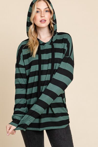 BOMBOM Drawstring Striped Dropped Shoulder Hoodie Hoodies & Sweaters