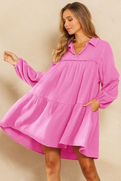 Ces Femme Johnny Collar Balloon Sleeve Mini Dress Pink Casual Dresses