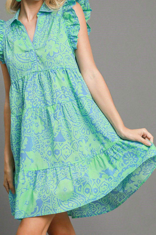Umgee Full Size Printed Ruffle Cap Sleeve Babydoll Dress Plus Size - Shop Style & More | Fresh Looks, Everyday Deals & Free Shipping