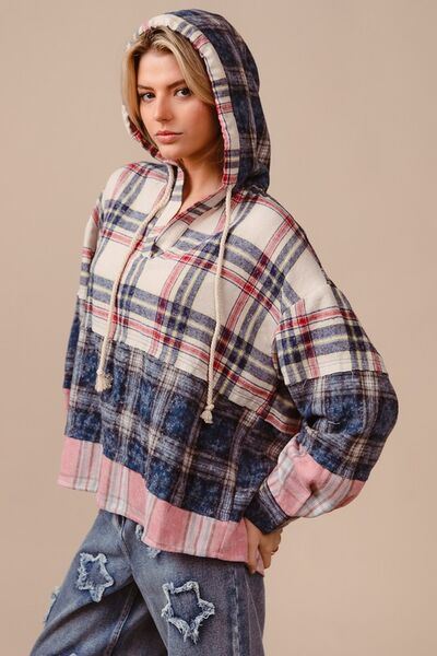 BiBi Drawstring Plaid Drop Shoulder Hoodie Hoodies & Sweaters