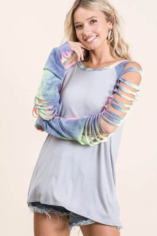 BiBi Jersey Knit Top with Tie Dye Laser Cut Sleeves - Shop Style & More | Fresh Looks, Everyday Deals & Free Shipping