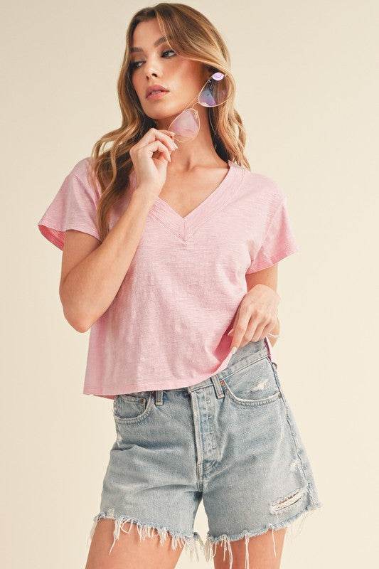 Aemi + Co Side Slit V-Neck Short Sleeve Cropped T-Shirt - Shop Style & More | Fresh Looks, Everyday Deals & Free Shipping