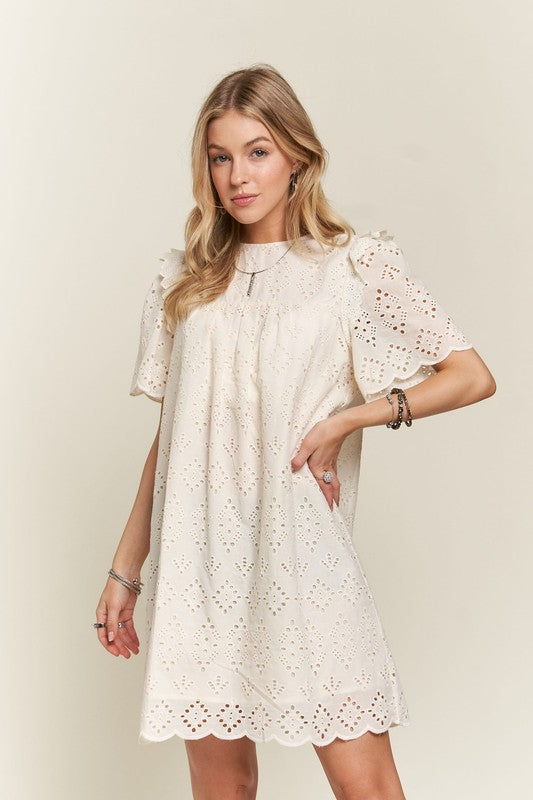 ADORA Ruffled Eyelet Round Neck Dress Casual Dresses