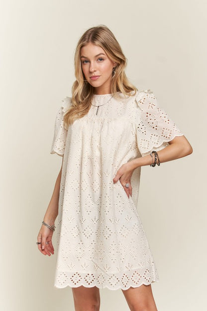 ADORA Ruffled Eyelet Round Neck Dress Casual Dresses