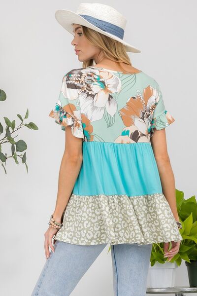 Celeste Printed Color Block Ruffled Short Sleeve Top Blouses