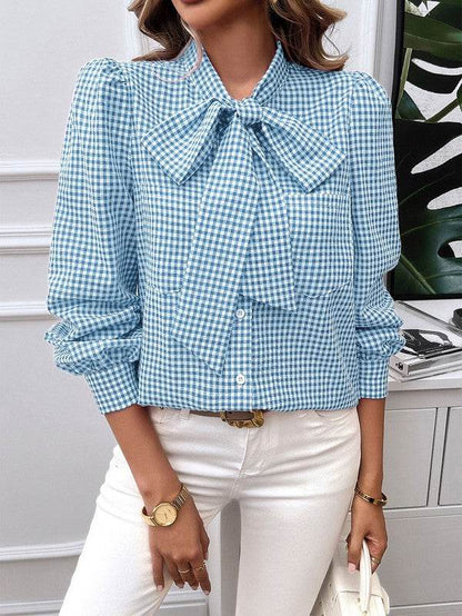 Plaid Puff Sleeves Loose Button Trim Knot Blouse - Shop Style & More | Fresh Looks, Everyday Deals & Free Shipping