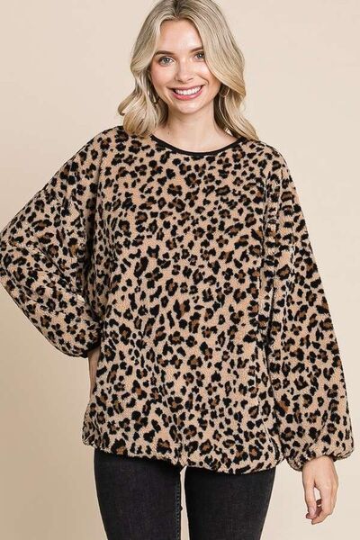 Culture Code Leopard Faux Fur Round Neck Top Brown Hoodies & Sweaters