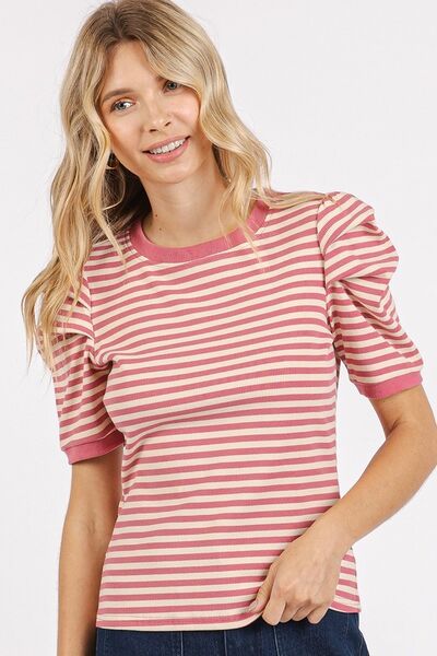 Mittoshop Striped Round Neck Puff Sleeve T-Shirt Blouses