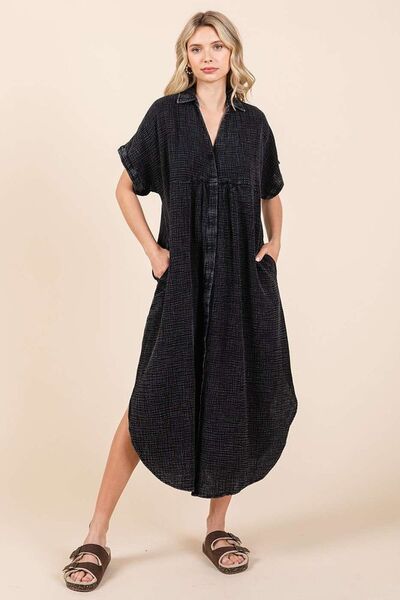 Mittoshop Mineral Wash V Neck Button Up Midi Shirt Dress Casual Dresses