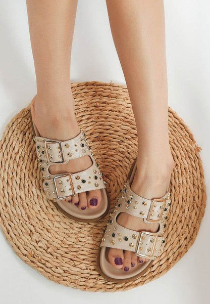 Jayata Metallic Stud Embellished Sliders - Shop Style & More | Fresh Looks, Everyday Deals & Free Shipping