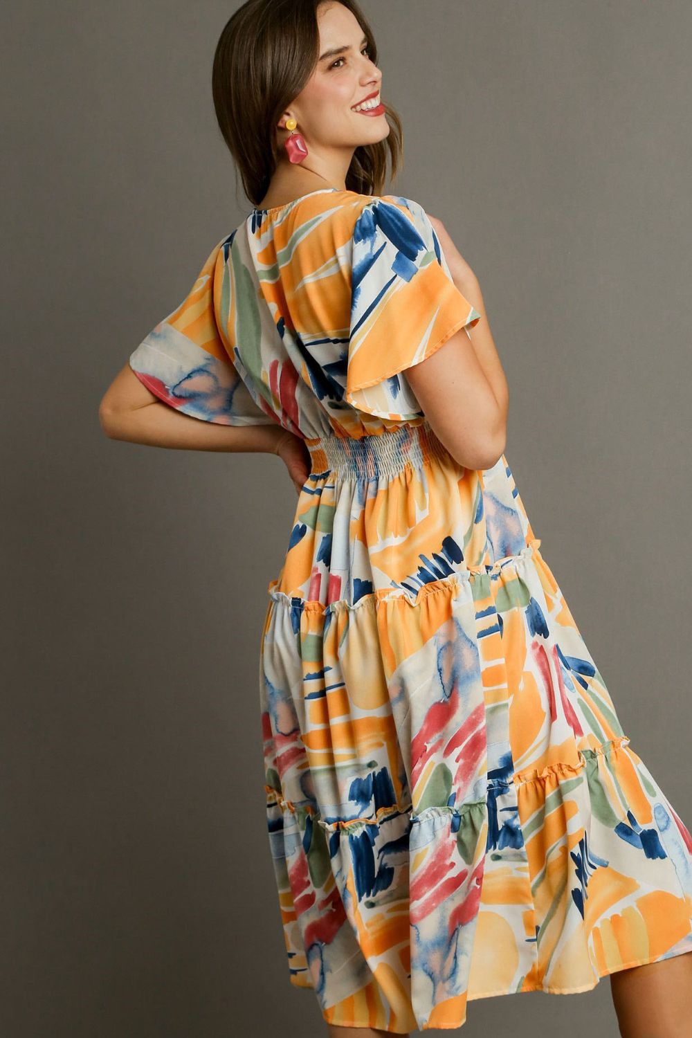 Umgee Full Size Abstract Print Flutter Sleeve Frill Tiered Midi Dress Plus Size Casual Dresses