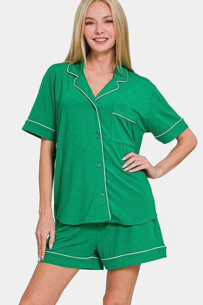 Zenana Button Down Short Sleeve Top and Shorts Lounge Set K Green Lounge Set