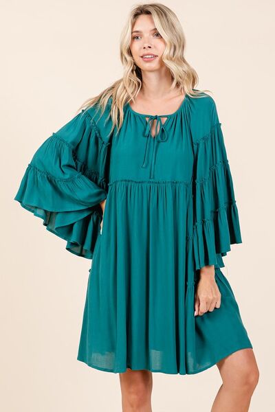 Mittoshop Frill Tie Neck Bell Sleeve Dress Teal Green Casual Dresses