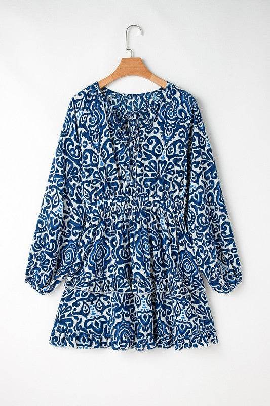 Women Print Lace up V Neck Long Sleeve Mini Dress - Shop Style & More | Fresh Looks, Everyday Deals & Free Shipping