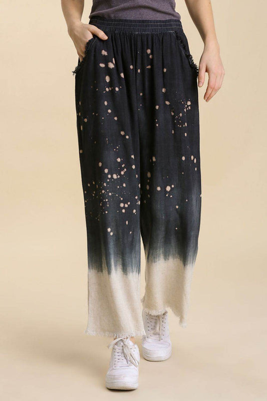 Umgee Full Size Raw Hem Linen Blend Bleach Dip Dye Wide Leg Pants Plus Size - Shop Style & More | Fresh Looks, Everyday Deals & Free Shipping