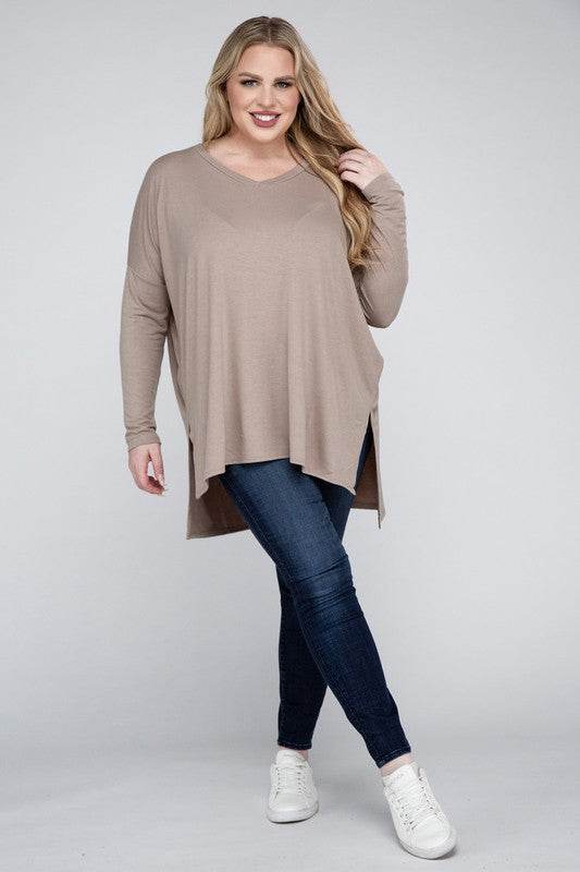 Plus Dolman Sleeve V-Neck Side Slit Hi-Low Hem Top - Shop Style & More | Fresh Looks, Everyday Deals & Free Shipping