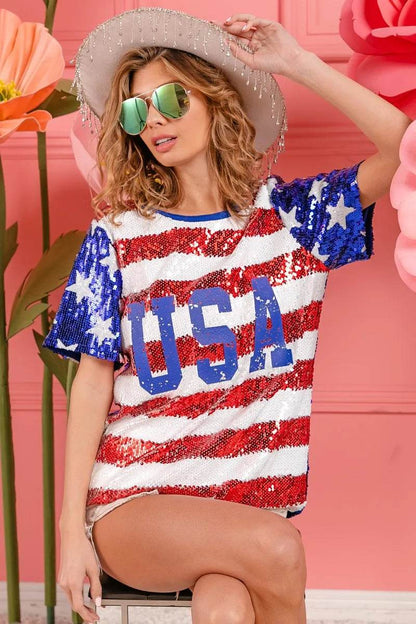 BiBi American Flag Theme USA Lettering Sequin Top - Shop Style & More | Fresh Looks, Everyday Deals & Free Shipping