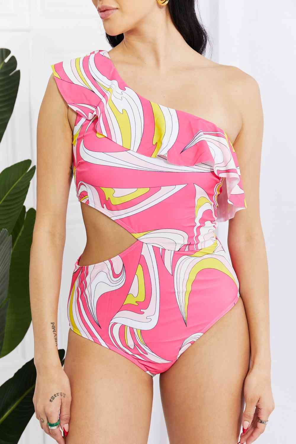 Marina West Pink Cutout Ruffle Swimsuit with Asymmetric Cutout Design One-Piece Swimwear