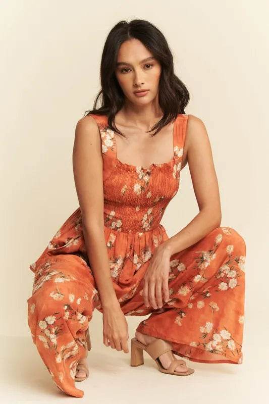 Davi & Dani Floral Ruffle Square Neck Smocking Bodice Jumpsuit - Shop Style & More | Fresh Looks, Everyday Deals & Free Shipping