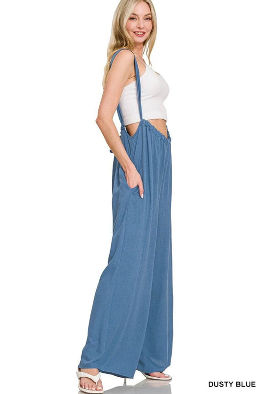 Zenana Woven Tie Back Suspender Jumpsuit - Shop Style & More | Fresh Looks, Everyday Deals & Free Shipping
