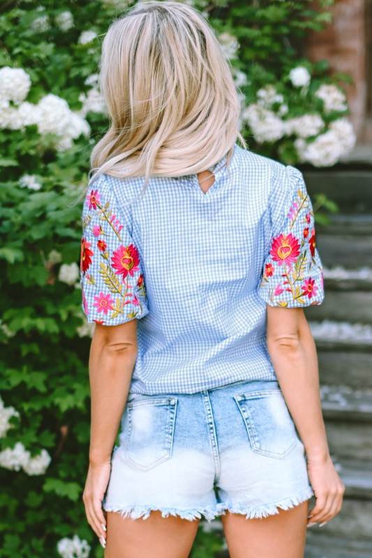 Pearl Gingham Floral Embroidered Puff Sleeve Blous - Shop Style & More | Fresh Looks, Everyday Deals & Free Shipping