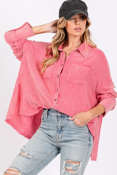 SAGE + FIG Frayed Hem Side Slit Button Down Shirt Blouses