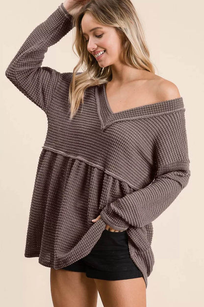 BiBi Waffle Knit V-Neck Babydoll Blouse - Shop Style & More | Fresh Looks, Everyday Deals & Free Shipping
