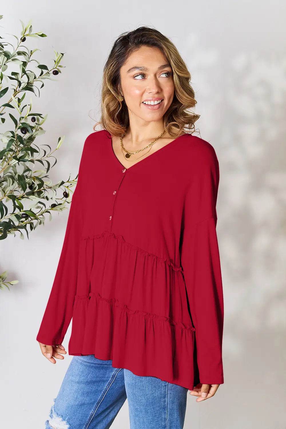 Double Take Half Button Long Sleeve Ruffle Hem Blouse - Shop Style & More | Fresh Looks, Everyday Deals & Free Shipping