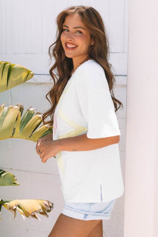 Lisa Layered Star Patched Half Sleeve Loose Top - Shop Style & More | Fresh Looks, Everyday Deals & Free Shipping