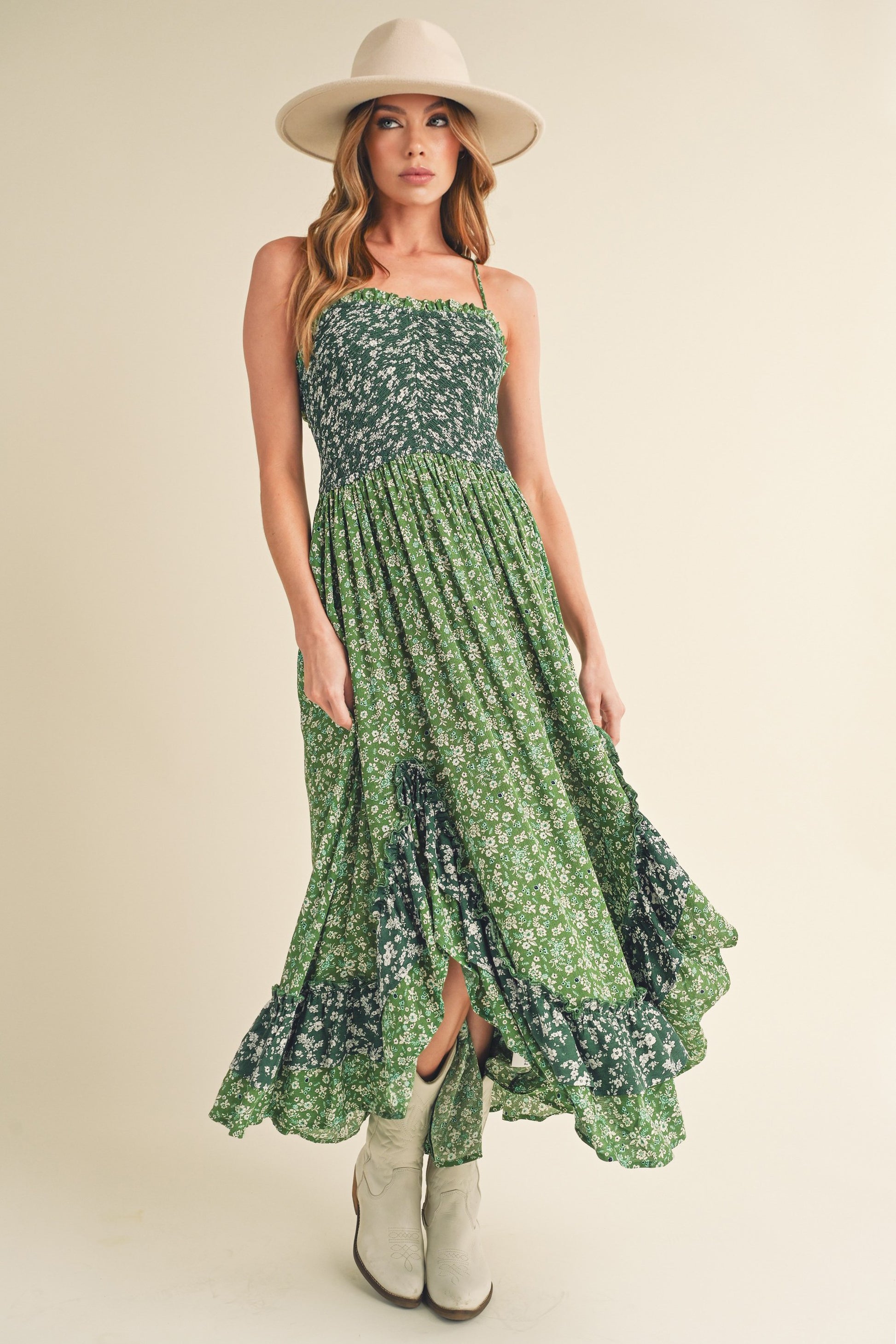 Aemi + Co Ditsy Floral Ruffled Hem Maxi Cami Dress Green Casual Dresses