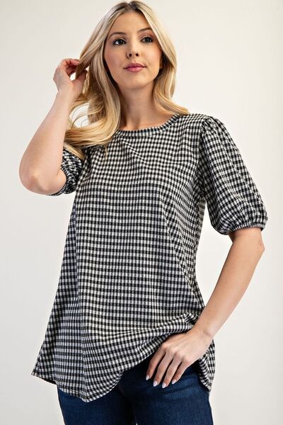 Celeste Full Size Gingham Print Top With Puff Sleeves Plus Size Blouses