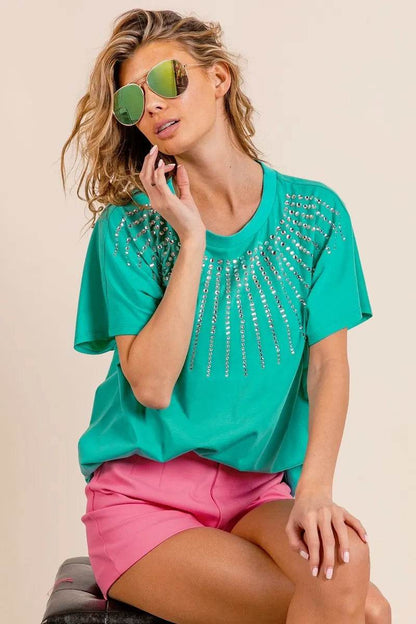 BiBi Rhinestone Beaded Short Sleeve Top - Shop Style & More | Fresh Looks, Everyday Deals & Free Shipping
