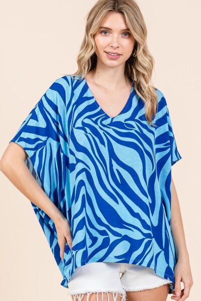 Mittoshop Zebra Print V-Neck Short Sleeve Oversized Top Blue Blouses