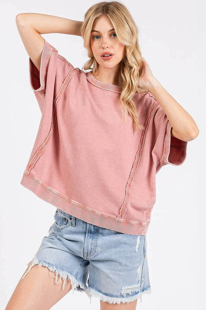 Mittoshop Mineral Wash French Terry Crew Neck Casual Top - Shop Style & More | Fresh Looks, Everyday Deals & Free Shipping