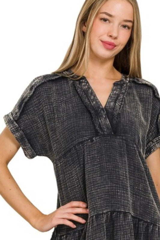 Zenana Washed Double Gauze Raw Edge V-neck Dress - Shop Style & More | Fresh Looks, Everyday Deals & Free Shipping