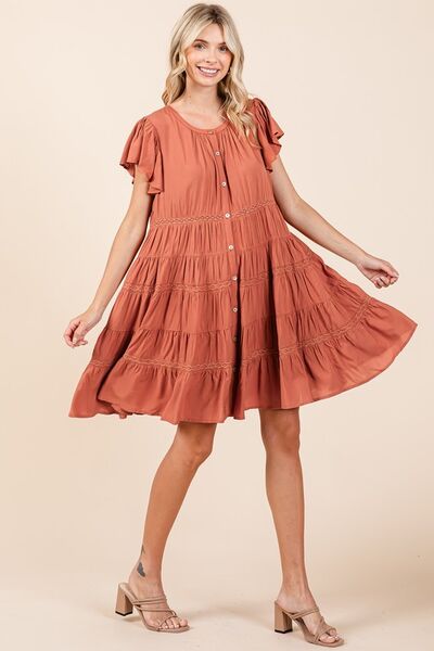 Mittoshop Lace Detail Ruffled Button Down Tiered Dress Casual Dresses