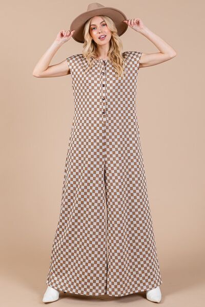 Ces Femme Checkered Half Button Jumpsuit with Cap Sleeves Jumpsuits