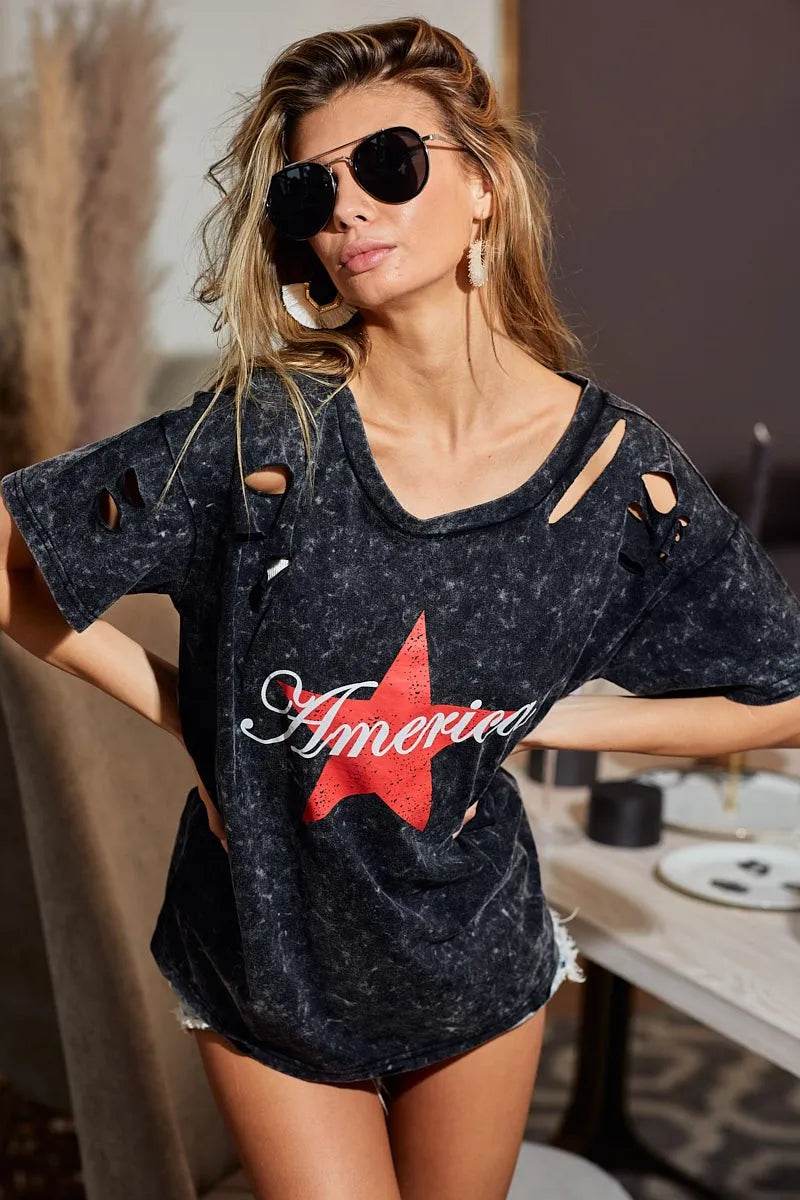 BiBi Laser Cut Mineral Washed Jersey Top with America - Shop Style & More | Fresh Looks, Everyday Deals & Free Shipping
