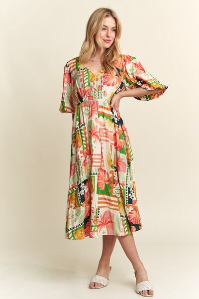 ADORA Floral V-Neck Puff Sleeve Midi Dress Casual Dresses