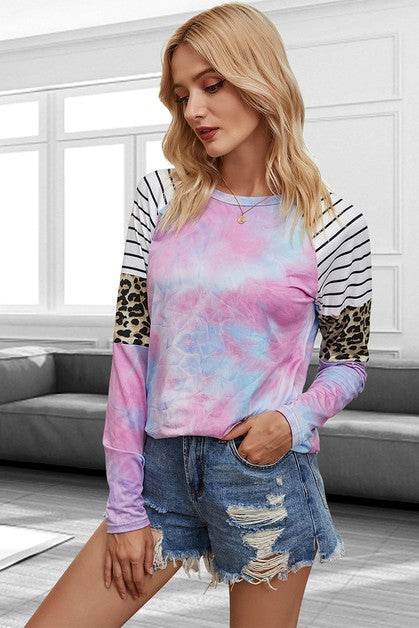 Crew Neck Patchwork Tie Dye Fit Loose Shirt - Shop Style & More | Fresh Looks, Everyday Deals & Free Shipping