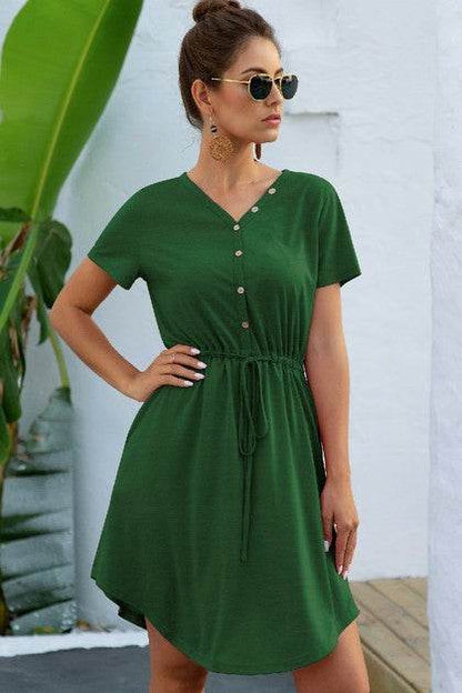 Solid V Neck Button Down Tie Waist Jersey Dress - Shop Style & More | Fresh Looks, Everyday Deals & Free Shipping