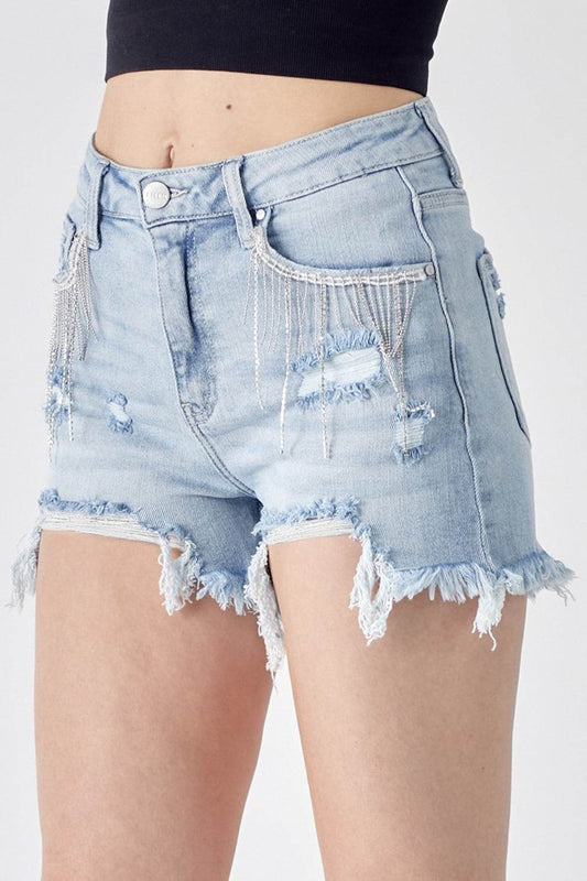 RISEN Frayed Hem Denim Shorts with Fringe Detail Pockets - Shop Style & More | Fresh Looks, Everyday Deals & Free Shipping