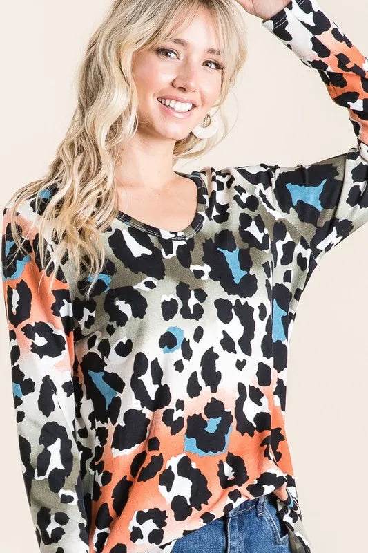 BiBi Gradation Leopard Print Soft Knit Deep U Neck Top - Shop Style & More | Fresh Looks, Everyday Deals & Free Shipping