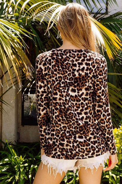 BiBi Leopard Shoulder Slit Long Sleeve Top - Shop Style & More | Fresh Looks, Everyday Deals & Free Shipping